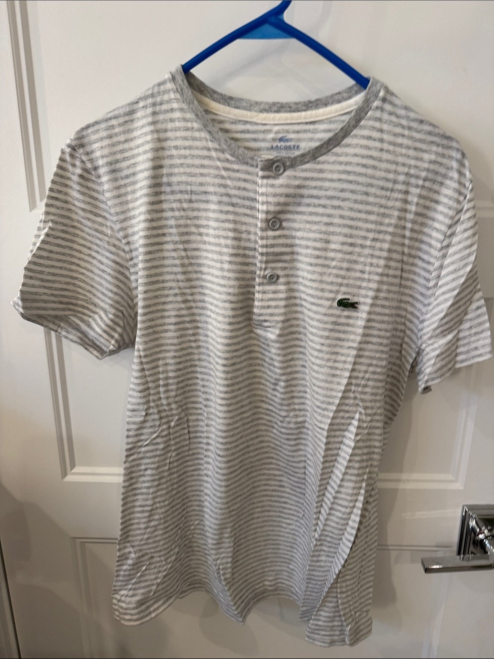 Lacoste Gray & White Striped Henley Tee